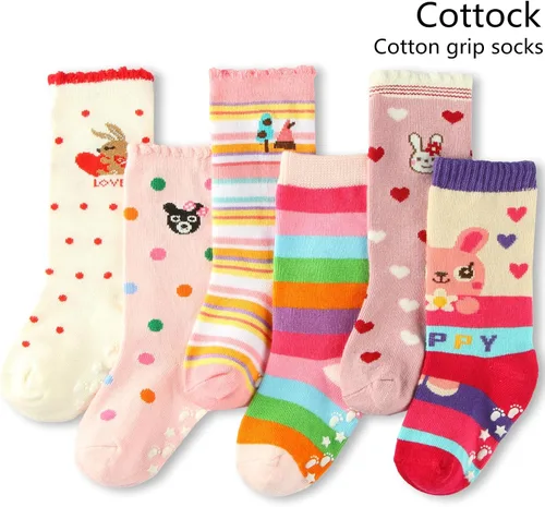 Vista 2 de 6 pares de calcetines de agarre alto hasta la rodilla para niña, calcetines escolares antideslizantes para niños y niñas