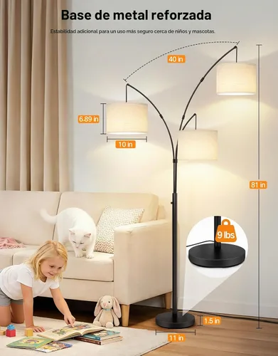 Vista 7 de OUTON Lámpara de pie LED de arco, lámpara de pie alta moderna negra de 3 luces para dormitorio, 2400lm lámparas de esquina de pie ajustables
