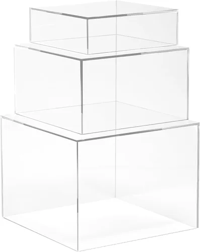Vista 12 de Red Co. Juego de 3 elevadores de acrílico negro brillante / transparente con parte superior de cubo para exhibición con fondos huecos
