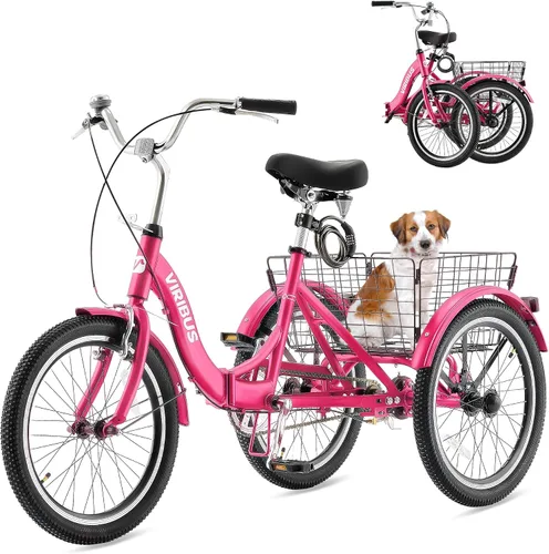 Vista 10 de VIRIBUS Triciclo plegable para adultos, triciclo plegable de 20 pulgadas para adultos de 1 o 7 velocidades con cesta, bicicletas plegables de 3