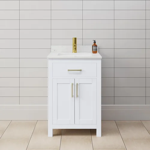Vista 2 de Wyndham Collection Beckett - Mueble de baño individual de 24 pulgadas en blanco, encimera de mármol cultivado de Carrara, fregadero cuadrado
