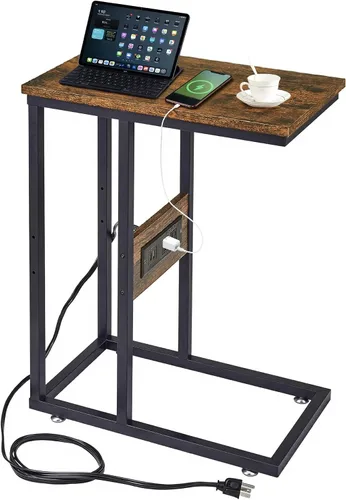 Vista 14 de VECELO Mesa auxiliar en forma de C con estación de carga y 2 puertos USB y salidas para sala de estar, dormitorio, con patas ajustables para sofá