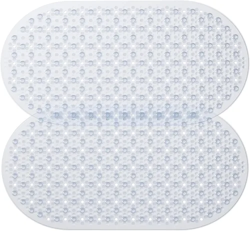 Vista 15 de HITSLAM Tapete antideslizante para bañera, 27 x 15 pulgadas, con ventosas y orificios de drenaje, lavable a máquina, ovalado, para niños, personas