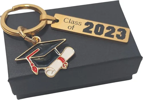 Vista 3 de Llavero de graduación grabado de oro con año de graduados