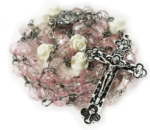 Vista 3 de Lourdes - Rosario de rosa rubor para mujer, regalo católico, collar de rosario para mujer