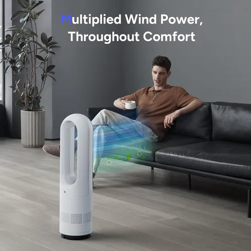Vista 3 de Ventilador sin aspas, ventilador de torre de enfriamiento de 22 pulgadas con oscilación de 80° y control remoto, temporizador de 9H, 8 velocidades