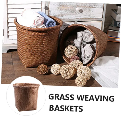 Vista 3 de Papelera de ratán tejida con paja, cesta de basura de oficina, diseño de paja natural, seguro y fácil de usar