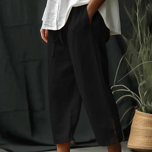 Vista 2 de Ceboyel Pantalones de lino para mujer, pantalones capri casuales de verano 2023, pantalones capri recortados, pantalones ligeros y cónicos, trajes