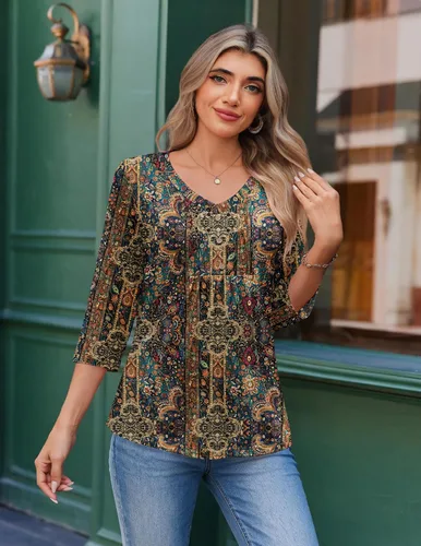 Vista 6 de Ekouaer Blusas de manga 3/4 para mujer, cuello en V, blusas plisadas casuales Boho Multicolor