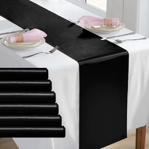 Vista 14 de Paquete de 2 caminos de mesa negros de 12 x 108 pulgadas, camino de mesa rectangular de seda satinada suave para bodas, banquetes, decoración