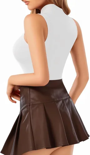 Vista 2 de MANGOPOP - Body de cuello de tortuga simulado sin mangas para mujer, leotardo de camiseta sin mangas