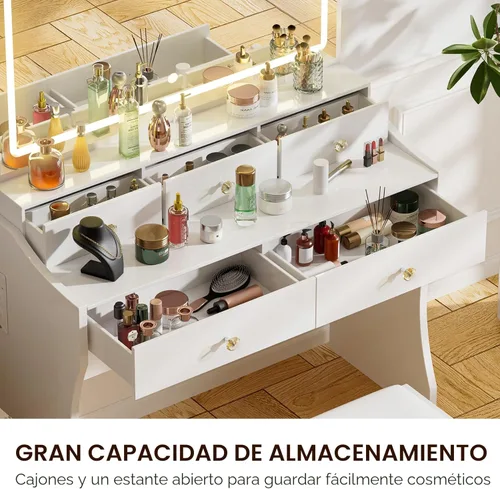 Vista 4 de COMHOMA Escritorio de tocador de maquillaje con espejo y luces, juego de mesa de tocador y silla con 5 cajones y estación de carga, cómoda