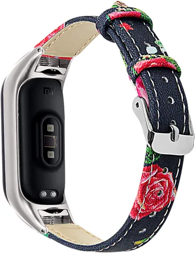 Vista 3 de Mi Band 3 Correa de muñeca, 5.512 in a 7.992 in, correa de cuero genuino, elegante patrón de flores, correa de cuero de repuesto delgada, correa