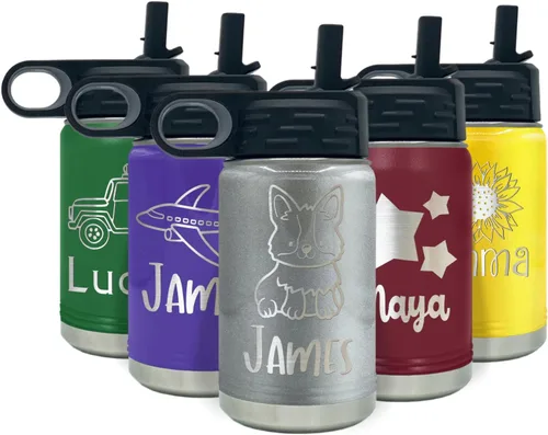 Vista 44 de Botella de agua para niños personalizada con nombre en botella de agua aislada con anillo verde mate de 12 onzas