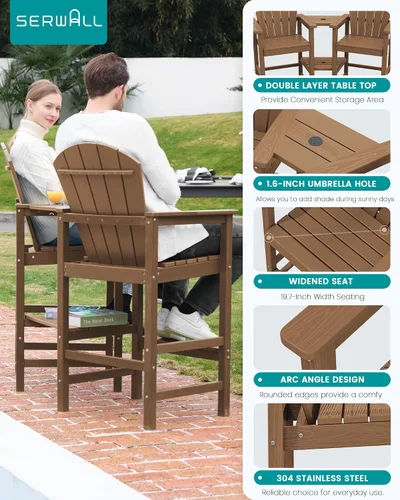 Vista 6 de SERWALL Juego de 2 sillas altas Adirondack con paraguas de 9 pies, sillas de exterior de altura de barra de HDPE, taburetes de bar Adirondack