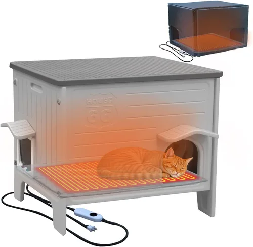 Vista 11 de Casa de Plástico para Gatos para Exteriores e Interiores, Casas para Gatos Ferales con Puerta de Escape, Casa Impermeable para Gatos para Exteriores