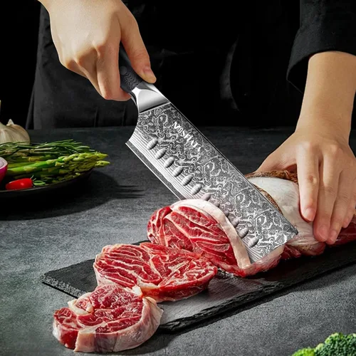 Vista 3 de MOSFiATA 7'Nakiri Cuchillo Damasco Profesional Sharpe Chef Cuchillo Cuchillo Cuchillo de Cocina Cuchillo Cuchillo de Acero Damasco VG-10 Hoja