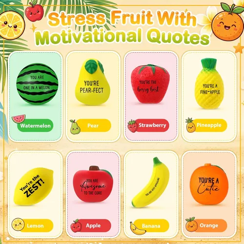Vista 4 de Outus Bolas de estrés de frutas a granel, bolas inspiradoras para apretar para el regreso a clases, regalo para estudiantes para profesores
