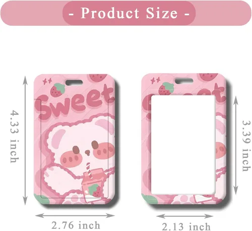 Vista 4 de FGISAR 2 piezas de soporte para tarjeta fotográfica Kpop, lindo oso de fresa, soporte para tarjetas de identificación Kpop con llavero, carrete