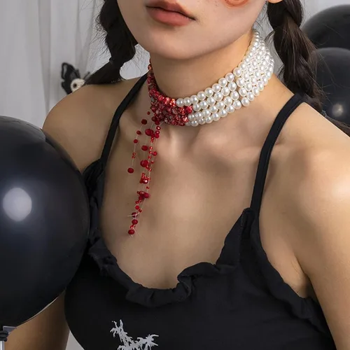 Vista 5 de Collar de perlas de sangre para mujer, collar de sangre para disfraz de vampiro, joyería de goteo, gargantilla de perlas, disfraz de fiesta