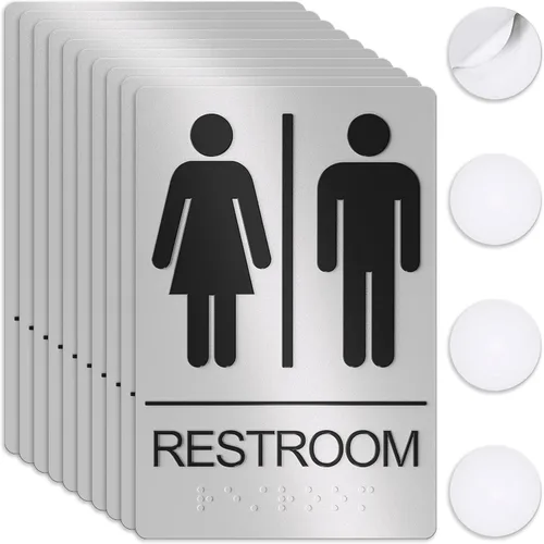 Vista 12 de Letreros unisex de baño, letrero de baño para negocios, para hombres y mujeres, 9 x 6 pulgadas, compatible con la ADA con Braille, adhesivos fuertes
