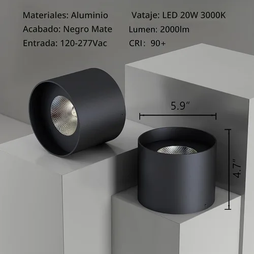 Vista 2 de Lámpara de techo de montaje empotrado, 20 W LED regulable 5.9 pulgadas, lámpara de techo cilíndrica de aluminio rústico negro para vestíbulo