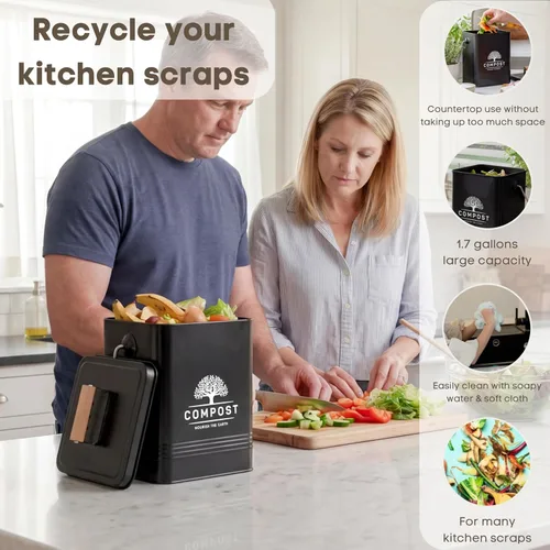 Vista 3 de PERFNIQUE Contenedor de compost de cocina, contenedor de compostaje para encimera de 1.7 galones con tapa, contenedor de compost interior incluye 2