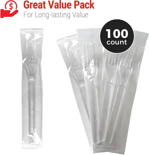 Vista 2 de 3X Horquillas de plástico transparente resistentes envueltas individualmente, resistentes como cubiertos de plata, paquete de 100 horquillas