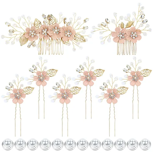 Vista 10 de Dizila 20 piezas de diamantes de imitación para novia, boda, fiesta, graduación, perlas, doradas, flores blancas, peines laterales