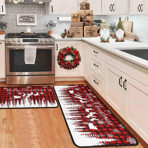 Vista 13 de Alfombras de cocina de cuadros de búfalo con gnomos de árbol negros, juego de 2, Merry Christmas, decoración de piso de perfil bajo para fiestas
