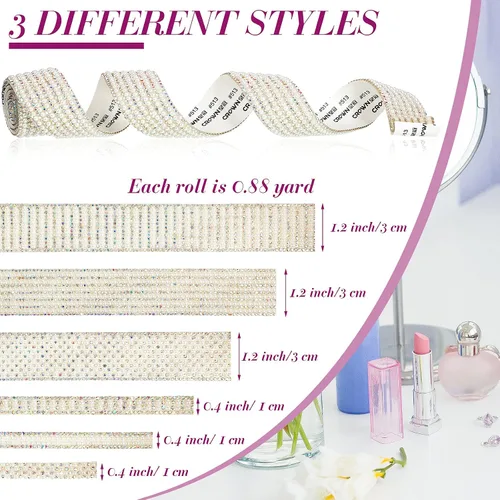 Vista 3 de WILLBOND Tiras de diamantes de imitación de perlas de 5.28 yardas de diamantes de imitación blancos autoadhesivos de imitación para bodas, fiestas