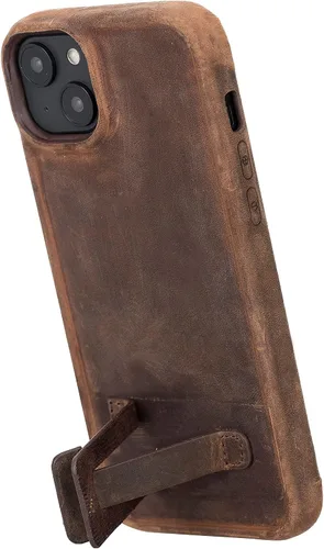 Vista 5 de Bayelon Funda de casco para iPhone 14 Plus - Funda delgada 360 de grano completo - Funda de cuero con función de atril (marrón oscuro)