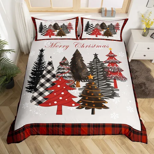 Vista 15 de Juego de funda de edredón con diseño de ciervo de cabaña, tamaño twin, juego de ropa de cama rústica de tablón de madera de árbol de Navidad