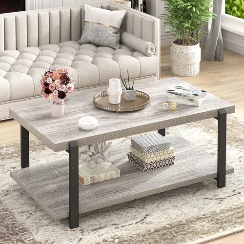 Vista 12 de FOLUBAN - Mesa de café negra, mesa de centro moderna de madera rústica con almacenamiento para sala de estar, mesa de té industrial de 2 niveles
