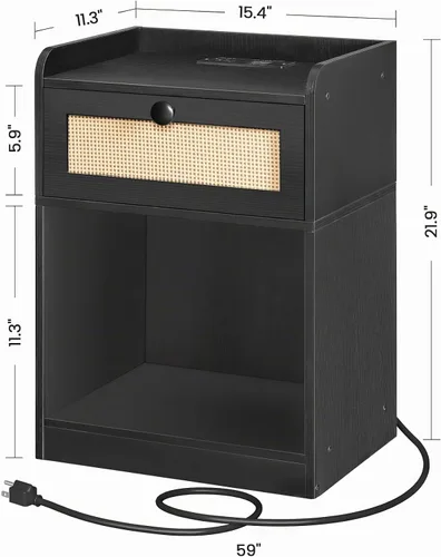 Vista 2 de CHOEZON - Mesa de noche, mesa auxiliar con estación de carga, mesa lateral con cajón estilo ratán y estante de almacenamiento, mesa de sofá moderna