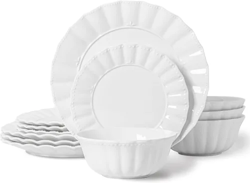Vista 7 de HOMBENE Juego de vajilla, 12 piezas de platos y tazones para 4, juego de vajilla moderno de cerámica para fiesta, juego de vajilla de porcelana