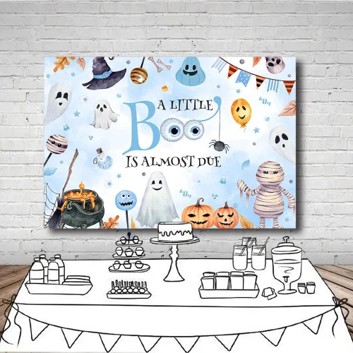 Vista 4 de MEHOFOND Telón de fondo de Halloween de 7 x 5 pies con texto en inglés "A Little Boo is Almost Due Pumpkin Photography Background Blue Watercolor