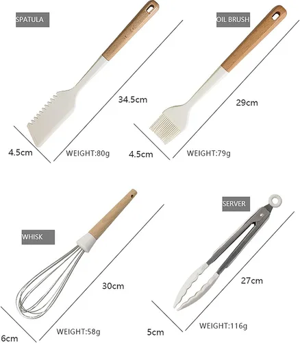Vista 8 de Juego de utensilios de cocina de mango de madera blanca de 13 piezas, utensilios de cocina antiadherentes de silicona disponibles, mango 13