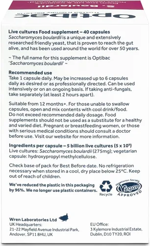 Vista 7 de Optibac Probiotics Saccharomyces Boulardii - Suplemento probiótico digestivo vegano científicamente probado, 5 mil millones de UFC - 40 cápsulas