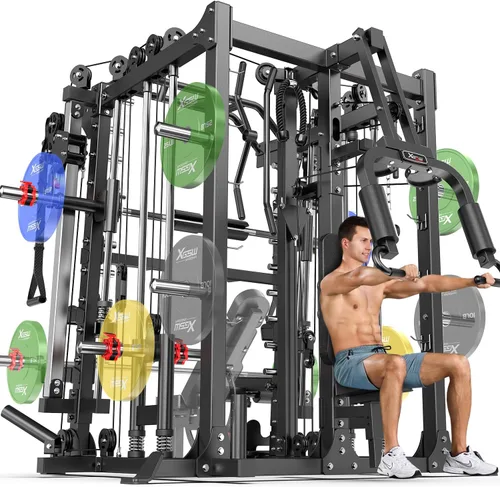 Vista 21 de Máquina Smith con sistema de cruce de cables, jaula de potencia multifunción para sentadillas y rack de potencia para gimnasio en casa, rack de Negro
