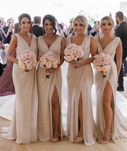 Vista 5 de Vestido de dama de honor largo de gasa con cuello en V de alta división plisado, vestido formal de fiesta