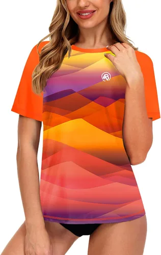 Vista 56 de AOBUTE Camisetas de natación de manga corta para mujer con protección solar degradada