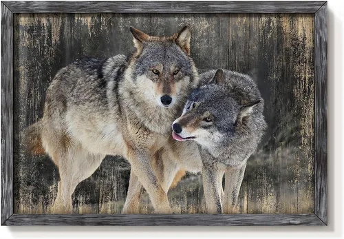 Vista 15 de Arte de Pared Enmarcado de Lobo: Pintura Moderna de Animales Salvajes de Madera Rústica Natural Imagen de Vida Silvestre Obra de Arte de Lobo Gris