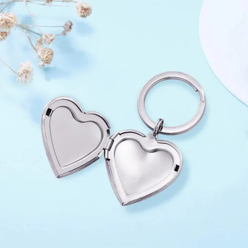 Vista 2 de Llaveros de medallón de corazón plateado para mujer, llavero de medallón de plata negra que sostiene fotos llavero como regalo