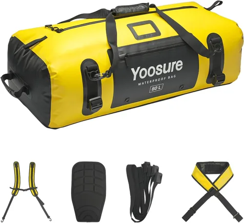Vista 8 de Bolsa de lona impermeable de 80 Lt, mochila seca para motocicleta, bolsas impermeables con cremallera y almohadilla espaciadora para kayak, rafting
