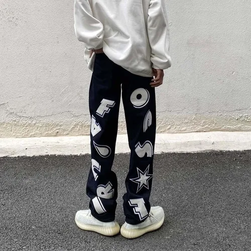 Vista 5 de Harajuku - Jeans para hombre con letras estampadas, rectos, holgados, para otoño e invierno, jeans engrosados, jeans góticos