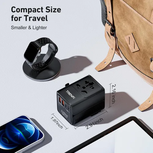Vista 4 de TRENFI Adaptador de viaje universal GaN+ de 65 W Salida de CA USB-C PD3.0 USB-A QC3.0 de cinco puertos, cargador de enchufe internacional
