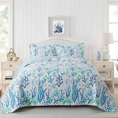 Vista 30 de NEWLAKE - Juego de cubrecama reversible de microfibra bordada con patrón floral en relieve en jacquard beige, tamaño queen