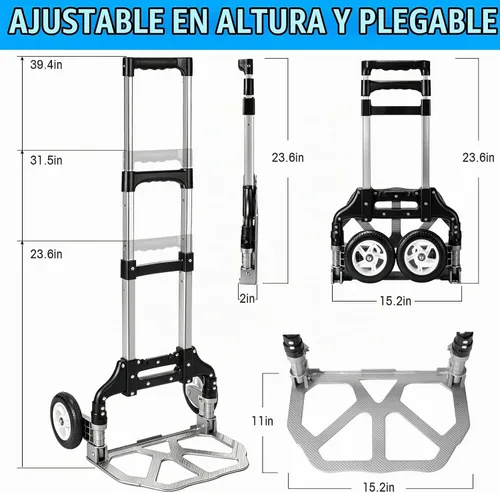 Vista 2 de Carro de mano plegable de aluminio, carrito de mano plegable de aluminio, carrito de equipaje con capacidad máxima de 175 libras, con mango