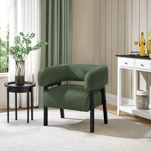 Vista 11 de Yaheetech Silla decorativa de pana con diseño de barril, moderno sillón tapizado con patas de madera maciza, acogedora silla de ocio con asiento